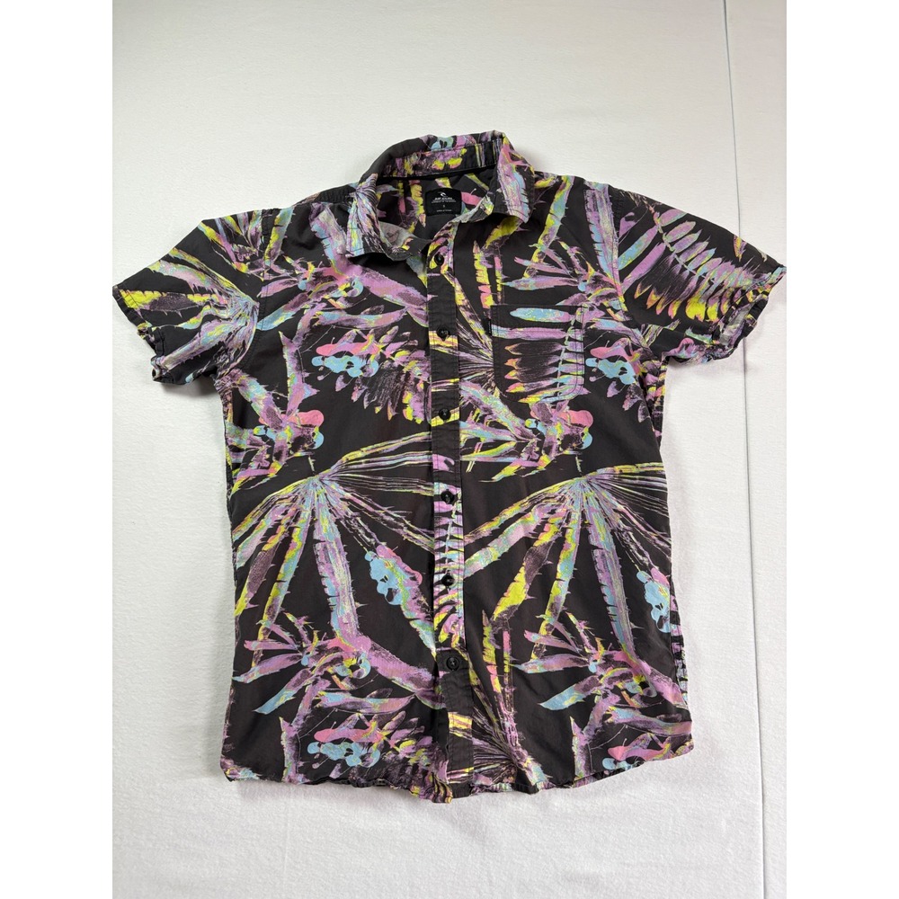 Rip Curl‎ Mens Tropical Leaf Button Down Shirt Black Neon Small
